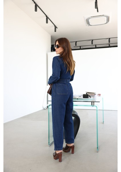 Çift Cepli Kemer Detaylı Denim Tulum modelleri