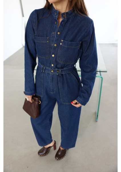 Çift Cepli Kemer Detaylı Denim Tulum indirimleri