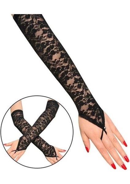 Bfs Parmak Askılı Zarif Gece Şıklığı Dantel Eldiven 40 cm