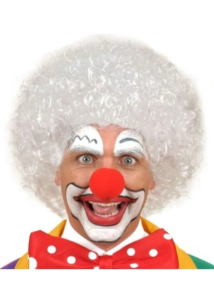 Bfs Beyaz Renk Kıvırcık Afro Bonus Peruk Saç ve Kırmızı Sünger Burun Seti