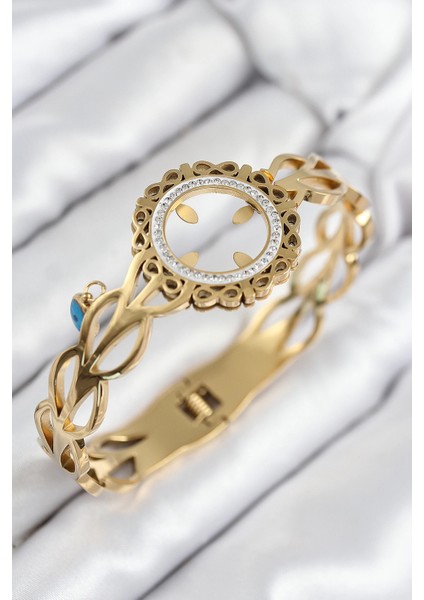 Bfs 316L Çelik Zirkon Taşlı Çeyrek Takılabilir Gold Renk Kelepçe