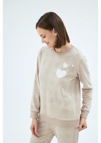 Kadın Uzun Kollu Kalp Desenli Ekose Jogger Paça Bej Pijama Takımı C3T2N071 modelleri