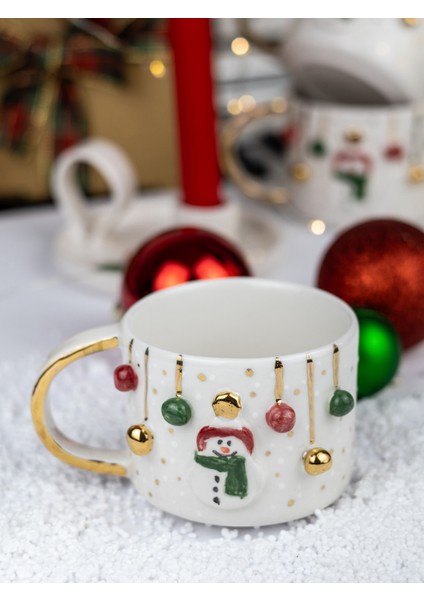 24K Altın Süslemeli El Yapımı Kardan Adam, Yılbaşı, Yeni Yıl, Kış ve Kar Temalı Seramik Mug Hediye indirimleri