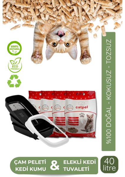 %100 Doğal Çam Peleti 40 Lt. (20 Kg.) + Elekli Kedi Tuvaleti