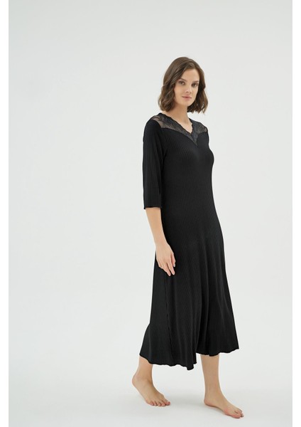 Kadın Dantel Detaylı Uzun Kollu Siyah Midi Gecelik C0T3N071