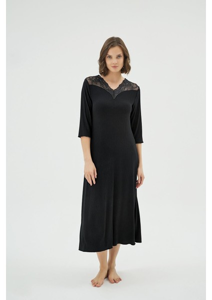 Kadın Dantel Detaylı Uzun Kollu Siyah Midi Gecelik C0T3N071 fiyatları