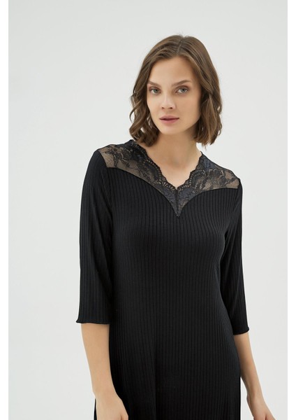 Kadın Dantel Detaylı Uzun Kollu Siyah Midi Gecelik C0T3N071 modelleri