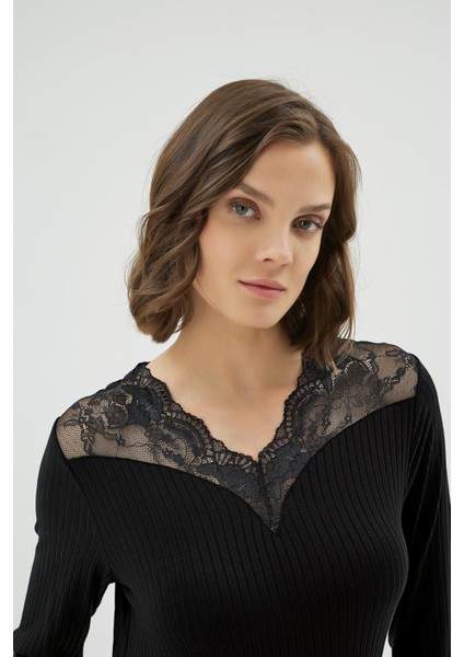 Kadın Dantel Detaylı Uzun Kollu Siyah Midi Gecelik C0T3N071 fırsatları