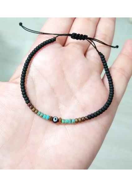 Bakır Rengi Hematit Doğaltaşlı Siyah Nazar ve Miyuki Round Boncuklu Unisex Bileklik