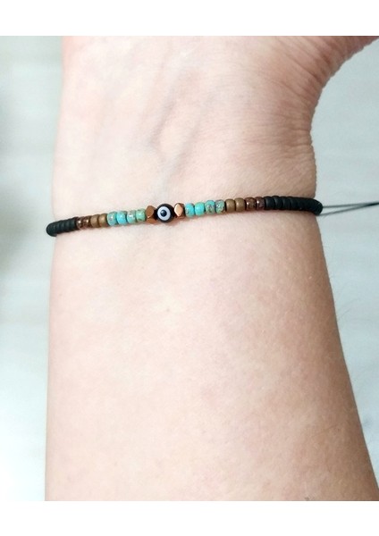 Bakır Rengi Hematit Doğaltaşlı Siyah Nazar ve Miyuki Round Boncuklu Unisex Bileklik
