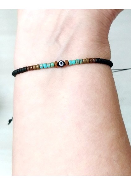 Bakır Rengi Hematit Doğaltaşlı Siyah Nazar ve Miyuki Round Boncuklu Unisex Bileklik