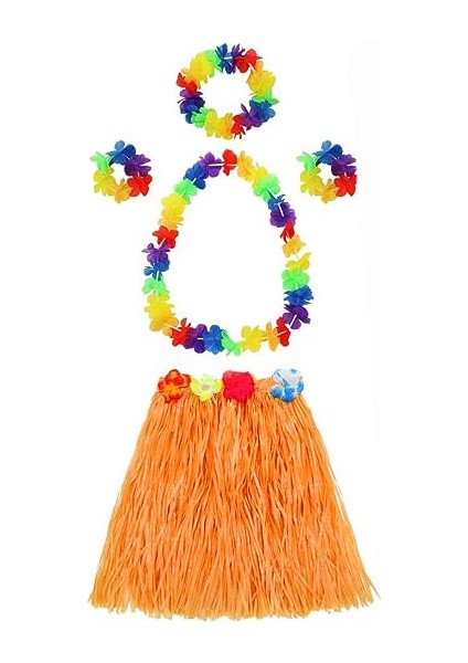 Bfs Yetişkin ve Çocuk Uyumlu Luau Aloha Hawaii Turuncu Etek ve Renkli Kolye Taç 2 Adet Bileklik Seti