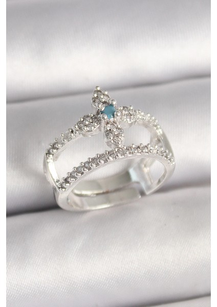 Bfs Pirinç Gümüş Renk Zirkon Taşlı Ayarlanabilir Model Kadın Yüzük