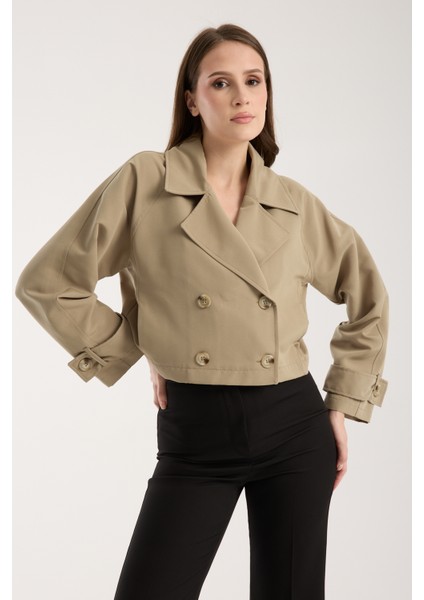 Açık Haki Kruvaze Crop Trençkot