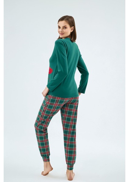 Kadın Uzun Kollu Kalp Baskılı Üst Ekose Desenli Jogger Paça Yeşil Pijama Takımı C3T8N071 modelleri