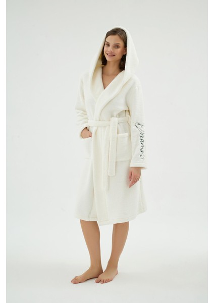 Kadın Kapüşonlu Yumuşak Dokulu Cepli Kemerli Ekru Sabahlık C0T8N071