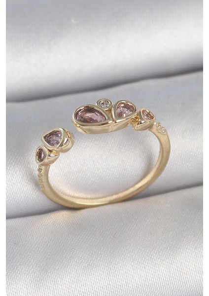 Bfs Pirinç Gold Renk Pembe Damla Zirkon Taşlı Ayarlanabilir Kadın Yüzük