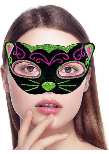 Bfs Siyah Kadife Kaplama Üzeri Pembe Yeşil Sim Işlemeli Kedi Maskesi 20X13 cm
