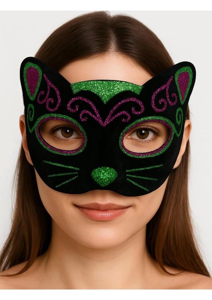 Bfs Siyah Kadife Kaplama Üzeri Pembe Yeşil Sim Işlemeli Kedi Maskesi 20X13 cm fırsatları