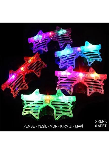 Bfs Işıklı Yıldız Şekilli LED Parti Gözlüğü 5 Renk 6’lı Set