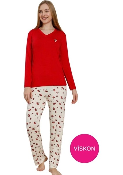 Kadın V Yaka Düğmesiz Mantar Desen Likralı Viskon Mevsimlik Uzun Kol Pijama Takımı