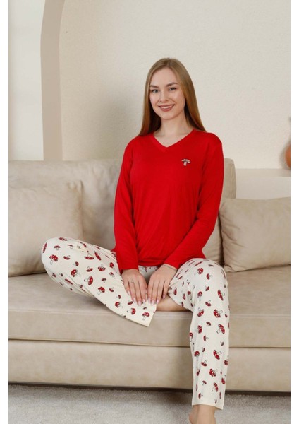 Kadın V Yaka Düğmesiz Mantar Desen Likralı Viskon Mevsimlik Uzun Kol Pijama Takımı fiyatları