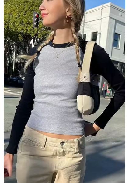 Kadın Basic Uzun Kollu Crop Bluz Pamuklu Gri Melanj Normal Yaka Günlük Stil fiyatları