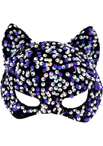 Bfs Siyah Kadife Kumaş Üzerine Mor Beyaz Payetli Pullu Parti Maskesi 16X14 cm modelleri