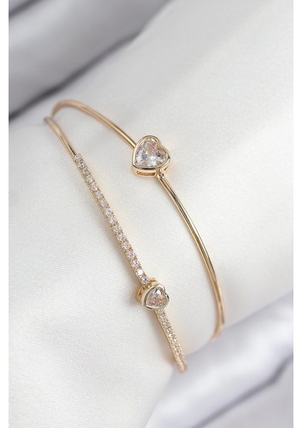 Bfs Pirinç Zirkon Taşlı Kalp Model Gold Renk Kadın Bileklik