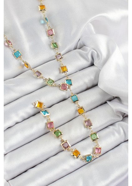 Bfs Pirinç Asorti Kare Model Gold Renk Zirkon Taşlı Y Kolye