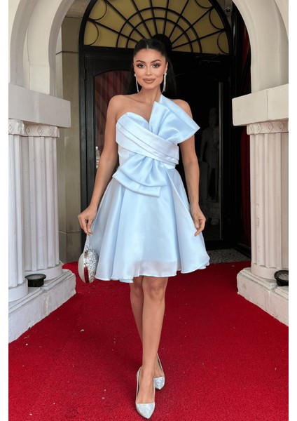 Organze Saten Kumaş Fiyonk Detaylı Mini Elbise - Bebe Mavisi