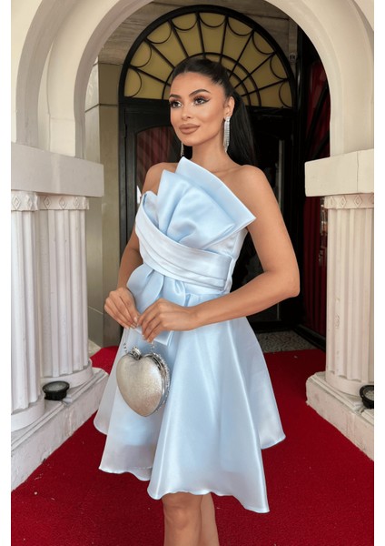 Organze Saten Kumaş Fiyonk Detaylı Mini Elbise - Bebe Mavisi modelleri