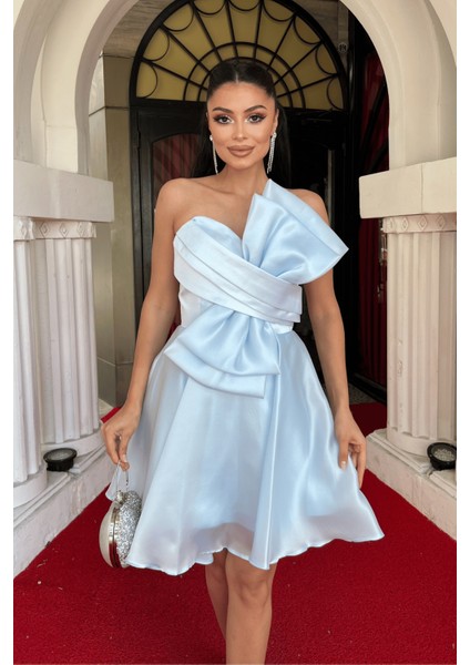 Organze Saten Kumaş Fiyonk Detaylı Mini Elbise - Bebe Mavisi fırsatları