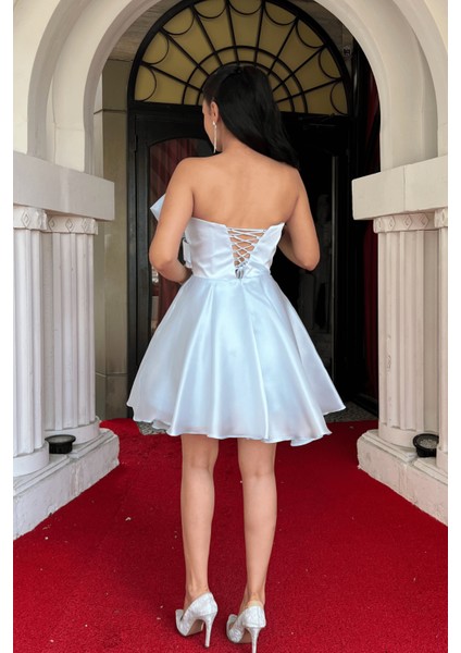 Organze Saten Kumaş Fiyonk Detaylı Mini Elbise - Bebe Mavisi indirimleri