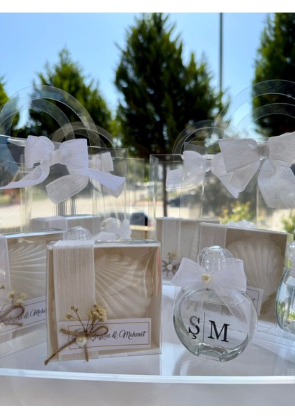 Cacagift Design Isme Özel Çantalı Set Istiridye Mum-Kolonya 10 Adet (Düğün, Nişan,kına, Söz) Hediyelik modelleri