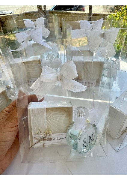 Cacagift Design Isme Özel Çantalı Set Istiridye Mum-Kolonya 10 Adet (Düğün, Nişan,kına, Söz) Hediyelik fırsatları