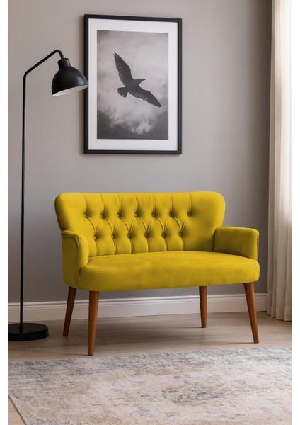 - Roma Modern Ikili Koltuk Kanepe - Babyface Kumaş - Ahşap Ayak - Sarı