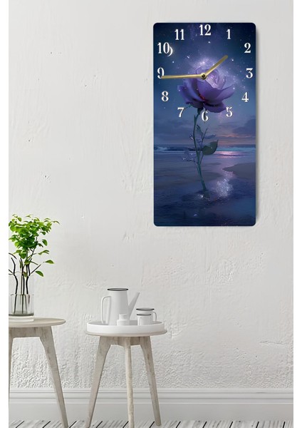 Gece Manzaralı Mor Gül Tasarımlı Mdf Dikdörtgen Duvar Saati – 30X60 cm Uv Baskı– USD078