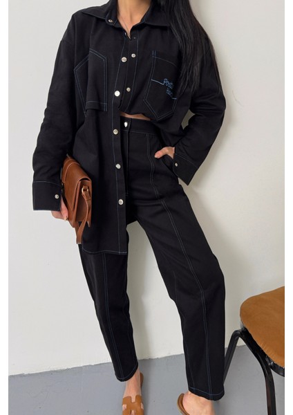 Denim Puntolu Gömlek-Pantolon Takım - Mavi fiyatları