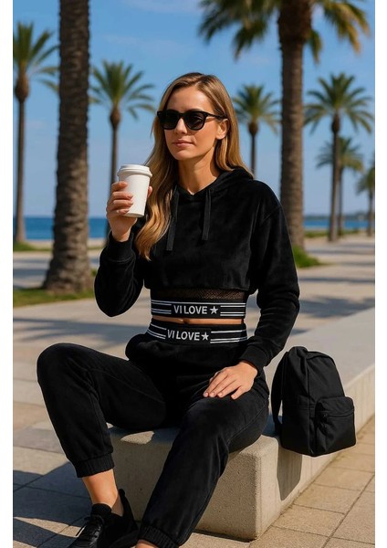 Zetna File Detay Kapüşonlu Kadife Eşofman Takım modelleri