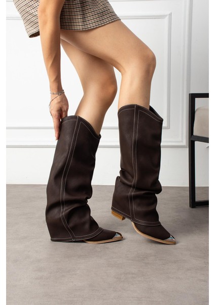 Lavem Kadın Çizme Kovboy Körüklü Kahverengi Mat Deri