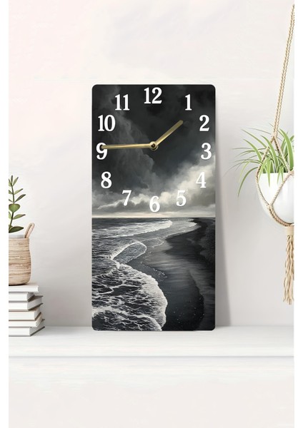 Siyah Beyaz Fırtına Manzaralı Mdf Dikdörtgen Duvar Saati – 30X60 Cm– USD083