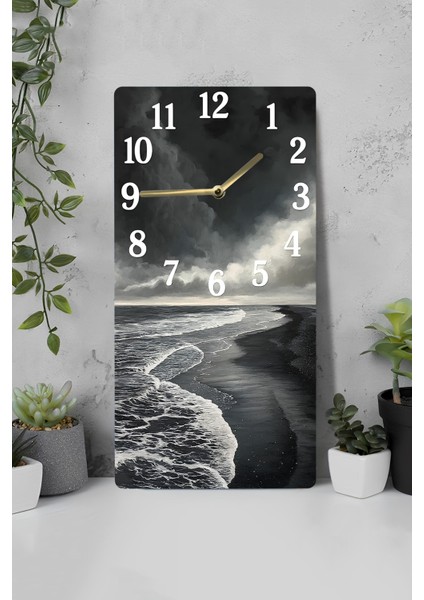 Siyah Beyaz Fırtına Manzaralı Mdf Dikdörtgen Duvar Saati – 30X60 Cm– USD083