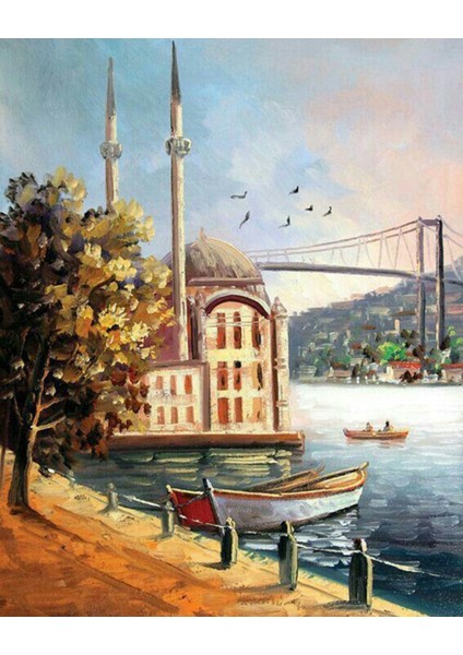 Kanvas Sayılarla Boyama Seti Kasnaklı-Çerçeveli Ortaköyde Nostalji Sayılarla Boyama