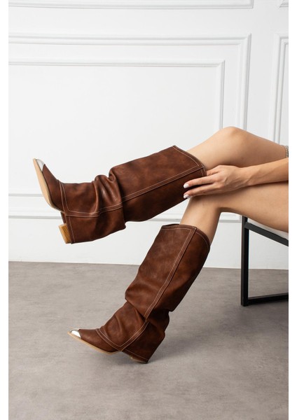 Lavem Kadın Çizme Kovboy Körüklü Taba Mat Deri