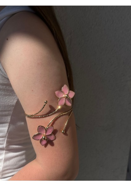 Gold Pembe Mineli Çiçek Detaylı Paslanmaz Çelik Ayarlanabilir Kadın Pazu Bileklik Kol Kelepçesi Armcuff modelleri
