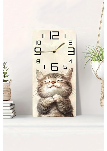 Sevimli Kedi Temalı Mdf Dikdörtgen Duvar Saati – 30X60 cm Uv Baskı– USD080