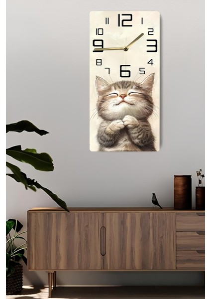 Sevimli Kedi Temalı Mdf Dikdörtgen Duvar Saati – 30X60 cm Uv Baskı– USD080 fiyatları