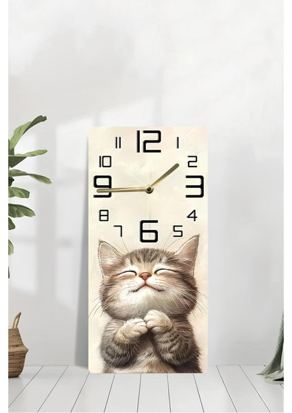 Sevimli Kedi Temalı Mdf Dikdörtgen Duvar Saati – 30X60 cm Uv Baskı– USD080 modelleri