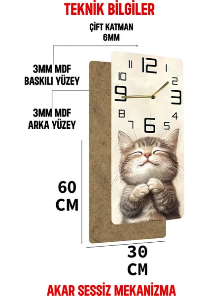 Sevimli Kedi Temalı Mdf Dikdörtgen Duvar Saati – 30X60 cm Uv Baskı– USD080 indirimleri